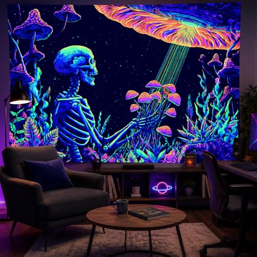 Skeleton UFO Blacklight Tapestry - Psychedelic Gothic Wall Backdrop 78x59 Inch