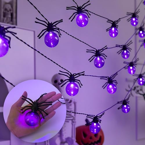Large Purple Spider Halloween String Lights with Timer - Battery Powered Waterproof Decor