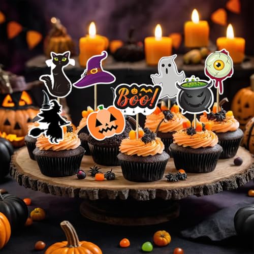 Halloween Cupcake Toppers 40Pcs Spooky Ghost Witch Pumpkin Cat Decorations