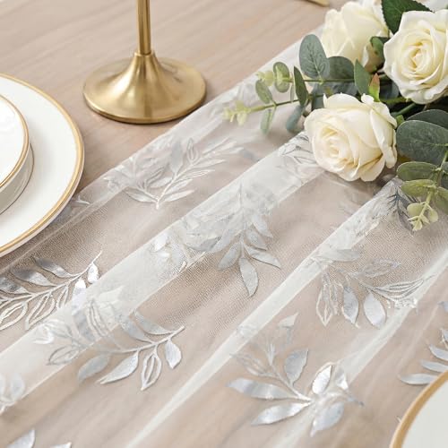 Silver Leaves White Gauze Table Runner 28x120 Inch Holiday Wedding Decor - Variation of 28" x 120" / White Silver