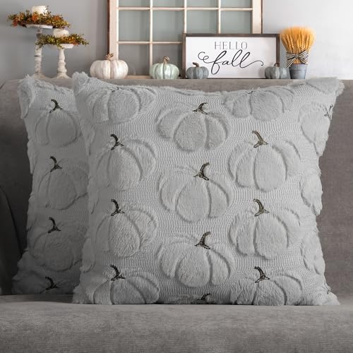 Gray Pumpkin Fall Pillow Covers 18x18 Set of 2 - Faux Fur Decor