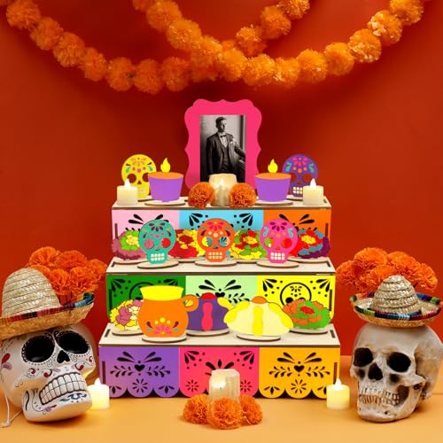 Dia De Los Muertos Ofrenda Altar Shadow Box - Traditional Wooden Decor with DIY Kit