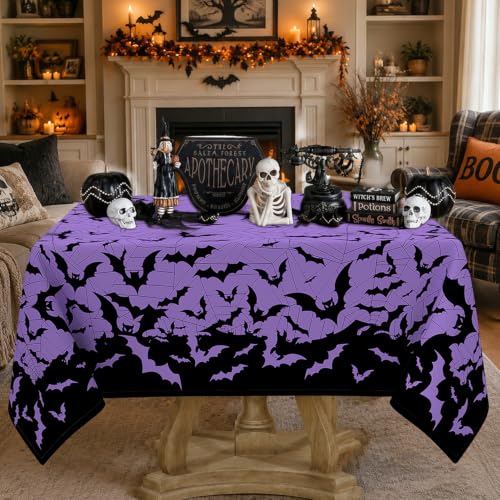Halloween Bat and Spiderweb Square Tablecloth 70x70 Inch - Purple, Machine Washable
