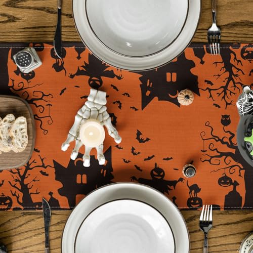 Halloween Table Runner 13x72 Inch Black Orange Decor - Durable Polyester