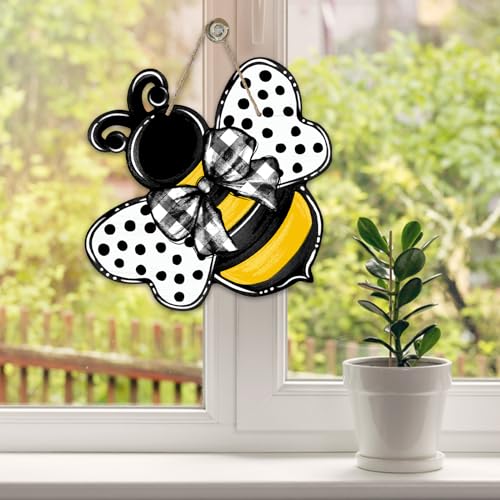 Deroro Bumble Bee Front Door Sign - Spring Summer Polka Dot Farmhouse Wood - Bee Variation