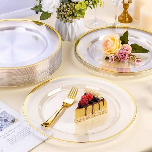 Gold Rim Disposable Charger Plates 12 Inch - 25 Pack Clear Plastic Table Decor