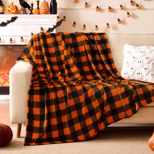 Halloween Throw Blanket - Buffalo Plaid Pattern, Orange & Black, 50x60 Inches - Fall & Holiday Home Decor