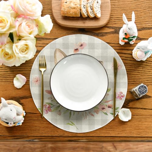 14-Inch Bunny Rabbit Ears Placemat Set of 4 - Buffalo Plaid Spring Table Decor