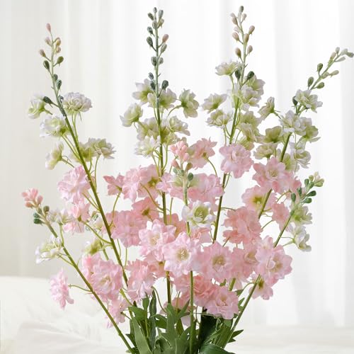 Pink Artificial Delphinium Flowers 34 Inch Tall Faux Silk Flower Stems for Home Wedding Decor - Set of 4