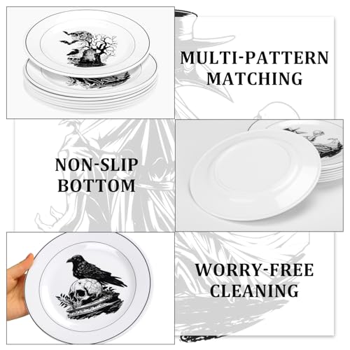 Halloween Dinnerware Set - Vintage 8-Piece Classic Halloween Plates & Serving Dishes - Black & White, Skull & Spider Web Designs - Includes Classic Variation