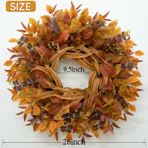 Orange Fall Wreath for Front Door - 26 Inch Eucalyptus Berry Decor