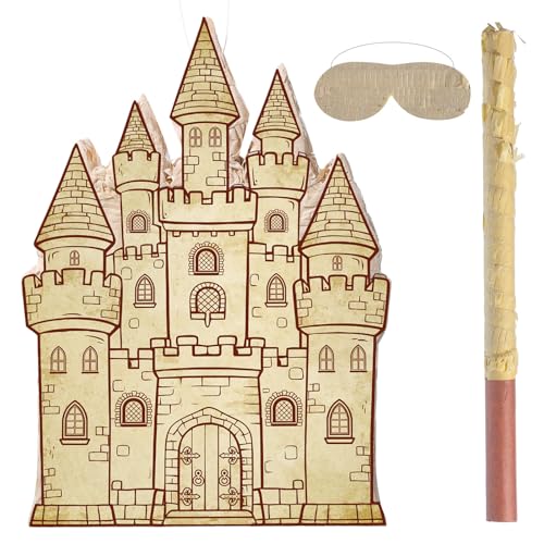 Fullhawl Castle Piñata Set - Retro Castle Party Decorations with Stick & Blindfold