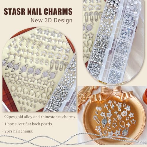 Silver Star Nail Charms Set with Pearls & Chains - Y2K Nail Art Accessories