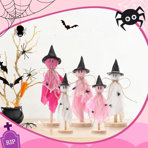 Halloween Ghost Decorations Set - Primitive Pink Wooden Centerpieces for Home & Party