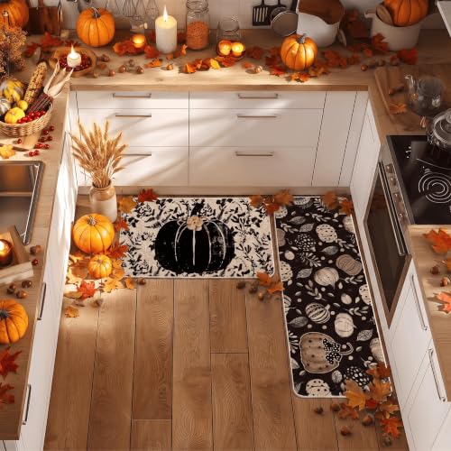 Black Pumpkin Fall Kitchen Mats Set of 2 - 17x29 and 17x47 Inches