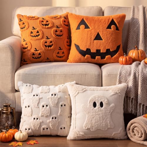 Halloween Ghost Pumpkin Pillow Covers Set 18x18 Inch Faux Fur Decor
