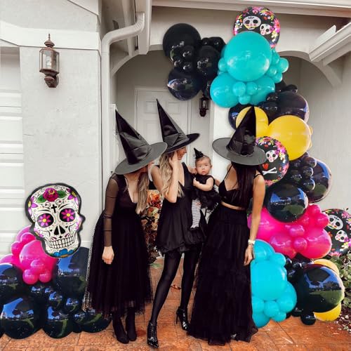Day of the Dead Balloon Arch Kit with Skull Foil Balloons - Black, Blue, Red, Yellow