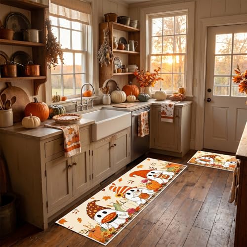 Fall Ghost Pumpkin Kitchen Mat Set of 2 Non Slip Washable Rug, Autumn Halloween Decor
