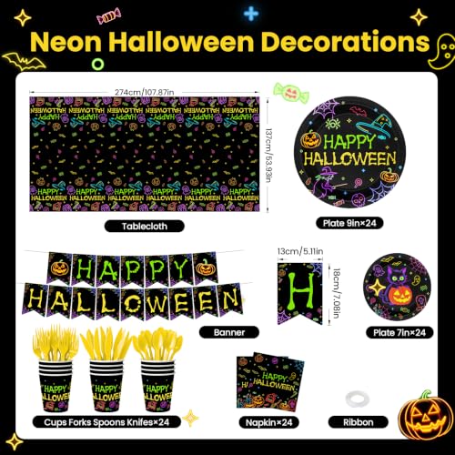 Neon Halloween Party Tableware Set - 170 Pieces for 24 Guests