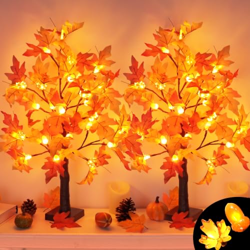 Fall Decor 2 Pack 24-Inch Lighted Maple Trees with 48 LEDs & Timer - Style 1
