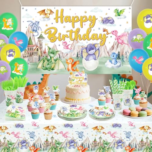 Dragon Party Supplies Set for 20 Guests - Birthday Backdrop Plates Cups Napkins Balloons