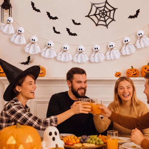 Halloween Ghost Garland 6.5 ft Lace & Jute Rustic Decor for Mantle & Party