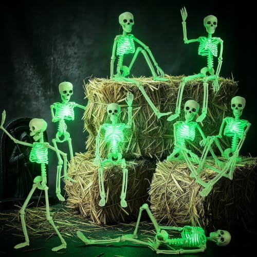 16-Inch Light Up Skeleton Halloween Decorations - 10 Pack Posable Full Body Props