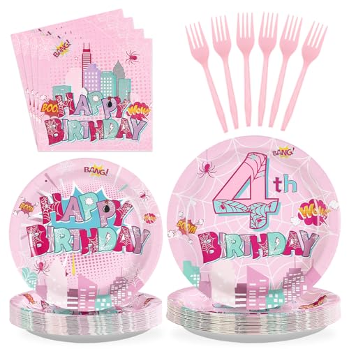 Pink Spider 4th Birthday Party Plates & Decorations - Serves 24 - Variation of Pink Web 4th Plates Kit