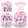 Pink Spider 4th Birthday Party Plates & Decorations - Serves 24 - Variation of Pink Web 4th Plates Kit
