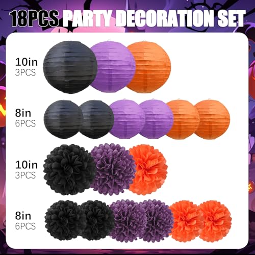 Halloween Paper Lanterns & Tissue Pom Poms Set - Black Orange Purple 18 Piece