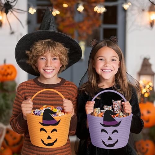 Purple Halloween Woven Cotton Rope Candy Basket for Kids & Adults