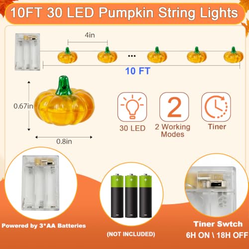 Aiyomt 30LED Pumpkin String Lights - Fall Battery Decor, 10FT Halloween & Thanksgiving Lights