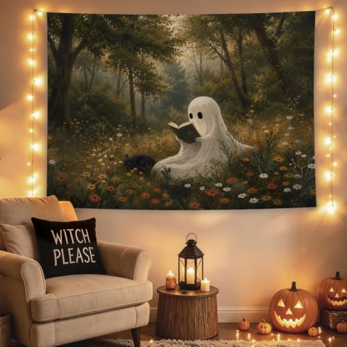 Halloween Ghost Reading Tapestry - Whimsical Forest Decor 50x60 Inch - Reading Variation