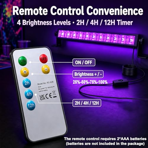 45W LED Black Light Bar with Remote Control - 4 Pack Dimmable & Timer, Fluorescent Party Lighting