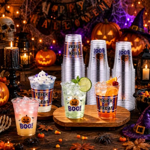 Halloween Disposable Plastic Cups 50 Count - Clear 12 OZ Party Drinkware - Pumpkin & Ghost Designs