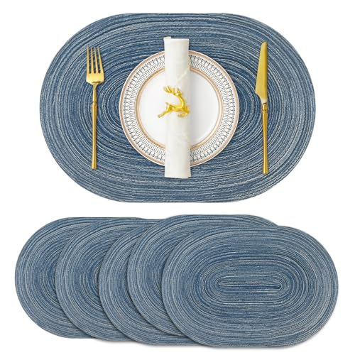 Oval Washable Placemats Set of 6 Blue - Heat-Resistant Table Mats for Indoor & Outdoor Dining