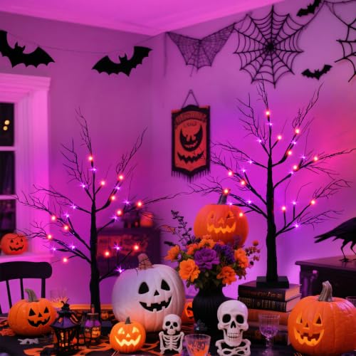 Black Lighted Halloween Tree Set - 24 Inch Indoor Spooky Decor with 2 Pack