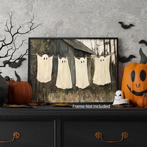 Ghost Wall Art Canvas Poster - Unframed 16x12 Inch Creepy Halloween Decor