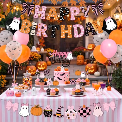 Pink and Black Halloween Birthday Party Balloons & Cake Topper Set