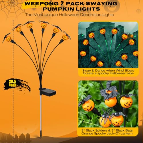 2 Pack Solar Halloween Pumpkin Lights with Spiders & Bats, Swaying Firefly Decor