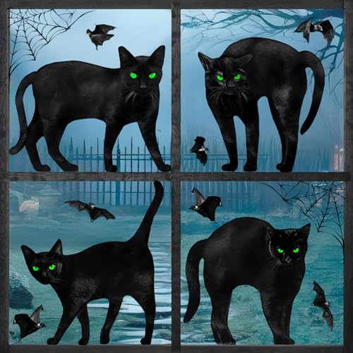 Halloween Window Clings Decor Set - 6 Large Silhouette Bats Cats Spiders