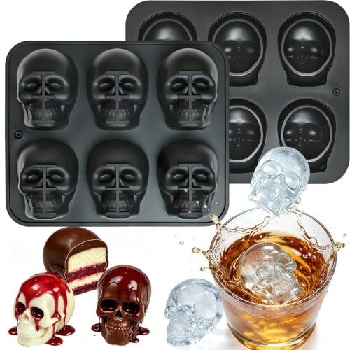 3D Skull Ice Cube Molds - Black, 2-Pack Large Silicone Halloween Trays