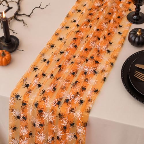 Halloween Orange Spider Web Table Runner Set - 4 Pcs 29x70 Inch Lace Decor - Spider Variation