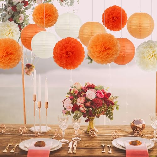 Orange Birthday Party Decorations Set with Paper Lanterns & Pom Poms - 15 pcs, Includes Tissue Flowers & Hanging Line