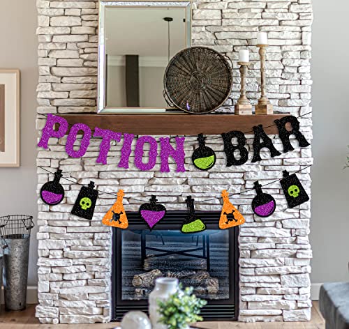 Halloween Potion Bar Banner with Potion Signs and Glitter Garland