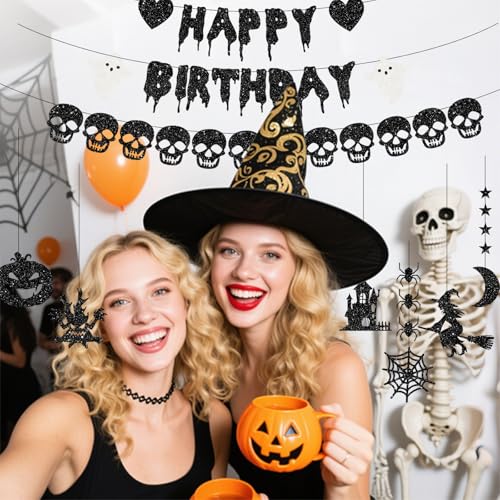 Black Glitter Halloween Banner & Spooky Hanging Garlands for Party Decor