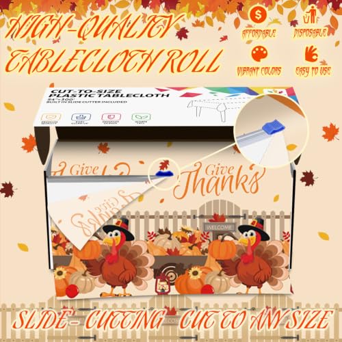 Thanksgiving Plastic Table Cover Roll - 54x300 Feet with Slide Cutter, Pumpkin & Turkey Design, Disposable Harvest Party Tablecloth