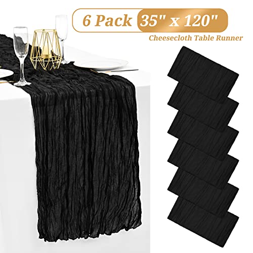 Black Cheesecloth Table Runner Set - 6 Pack Extra Wide 35x120 Inch - Bohemian Wedding Decor
