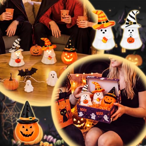 Halloween Ceramic Ghost Pumpkin Figurines with LED Lights - Indoor Decor Set