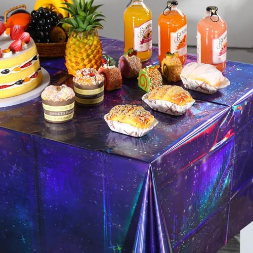 Purple Space Starry Night Tablecloth - 12 Pack, 54x108 Inch Rectangular Iridescent Party Cover - Space Theme Decorations